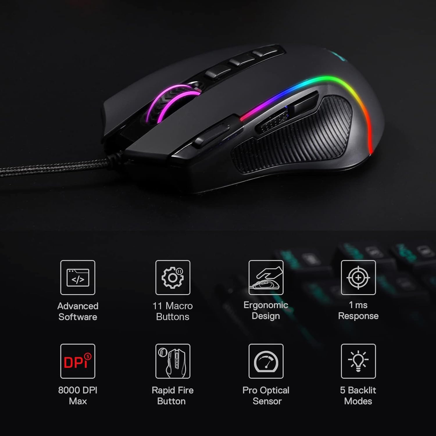 Redragon M612 Predator RGB Gaming Mouse, 8000 DPI Wired Optical Mouse with 11 Programmable Buttons & 5 Backlit Modes, Software Supports DIY Keybinds Rapid Fire Button - Image 3