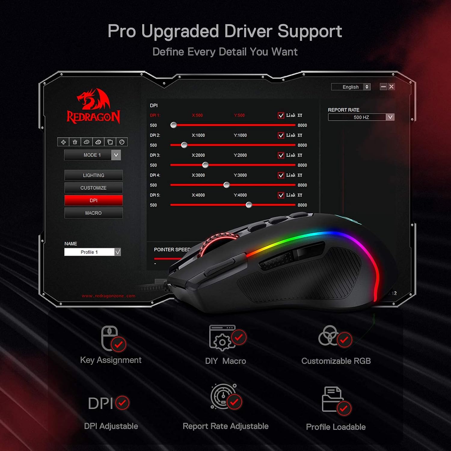 Redragon M612 Predator RGB Gaming Mouse, 8000 DPI Wired Optical Mouse with 11 Programmable Buttons & 5 Backlit Modes, Software Supports DIY Keybinds Rapid Fire Button - Image 8
