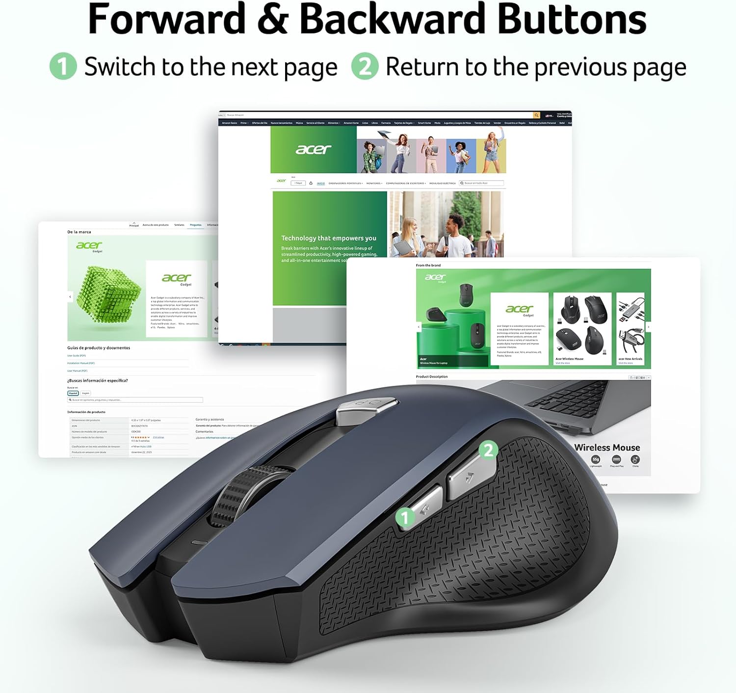 acer Wireless Mouse for Laptop, 2.4GHz Computer Mouse 3 Adjustable DPI Office Cordless USB Mice with USBA Receiver, 6 Buttons, 1600 DPI, Medium to Large Sized Hands Compatible with PC, Laptop, Desktop - Image 3