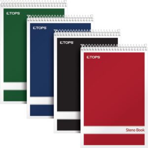 TOPS Steno Pads 4 Pack, 6" x 9" Spiral Steno Notebooks, Gregg Rule for lists, 80 Sheets Each, White Paper, Assorted Covers, Take Notes for School, College, Work, Office (80220)
