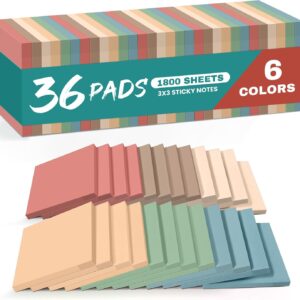 Sticky Notes, 3x3 Inch, 36 Pads, Aesthetic Self-Stick Note for Office, School and Home, Ideal for Planning, Notes and Organization, Vintage Colors