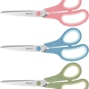 iBayam 8.5" Pastel Scissors All Purpose Heavy Duty 3Pack, 2.5mm Sharp Blade | Soft Comfort-grip | Left/Right Handed | Cuts cardboard, fabric, vinyl & leather | office, classroom, school & craft desk