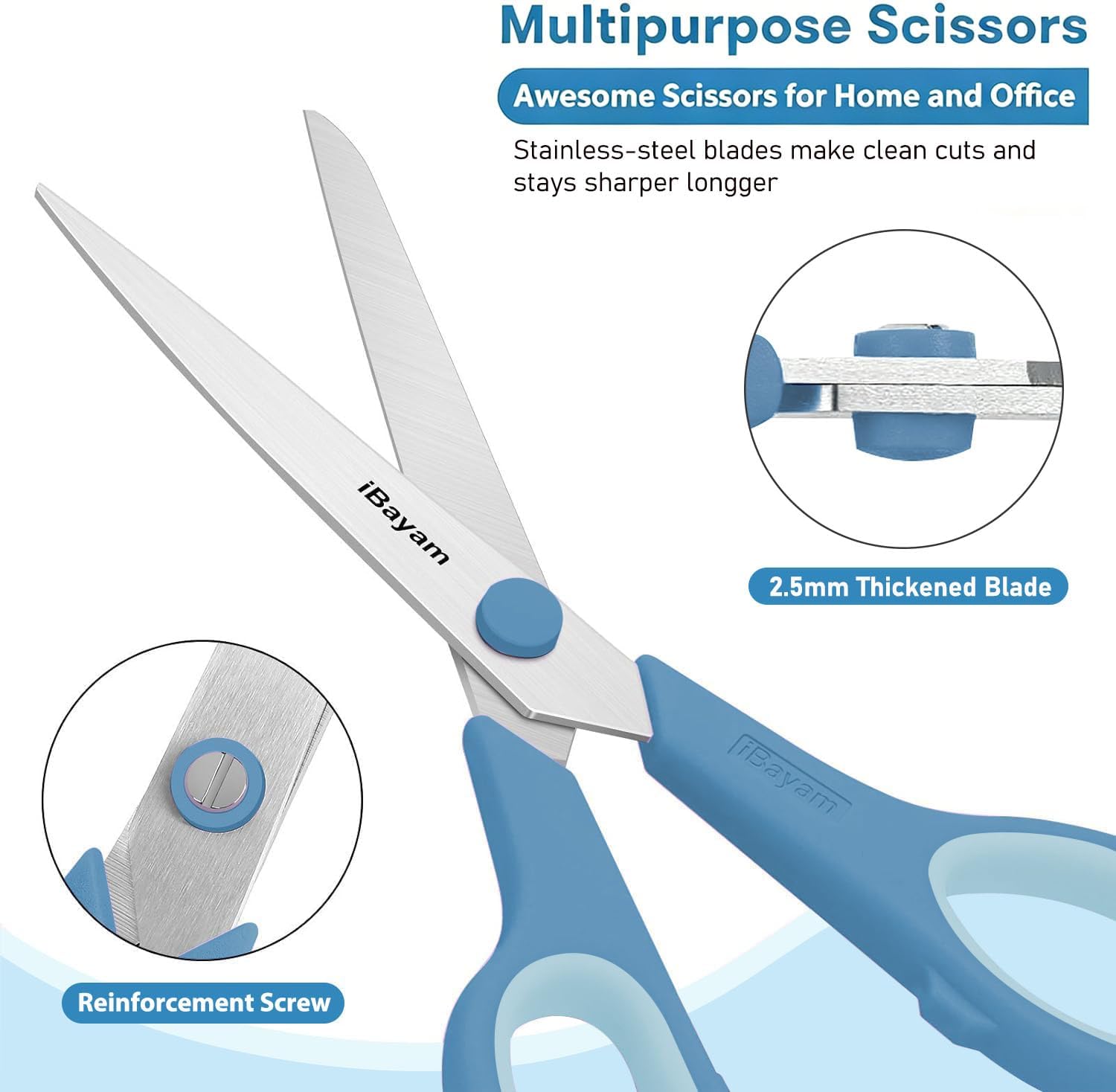 iBayam 8.5" Pastel Scissors All Purpose Heavy Duty 3Pack, 2.5mm Sharp Blade | Soft Comfort-grip | Left/Right Handed | Cuts cardboard, fabric, vinyl & leather | office, classroom, school & craft desk - Image 3