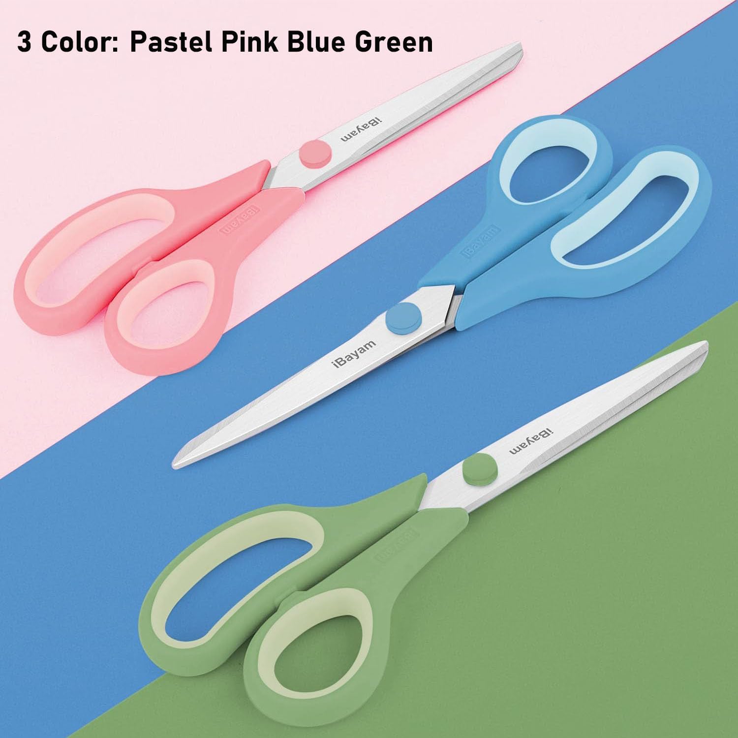 iBayam 8.5" Pastel Scissors All Purpose Heavy Duty 3Pack, 2.5mm Sharp Blade | Soft Comfort-grip | Left/Right Handed | Cuts cardboard, fabric, vinyl & leather | office, classroom, school & craft desk - Image 5